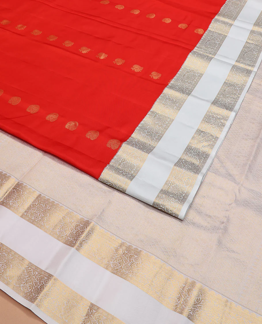 Orange arumbu manga buttas Vasundhara silk saree with contrast rettai pettu border of salngai, diamond, and kodi visiry designs, and intricate pallu - Image 2