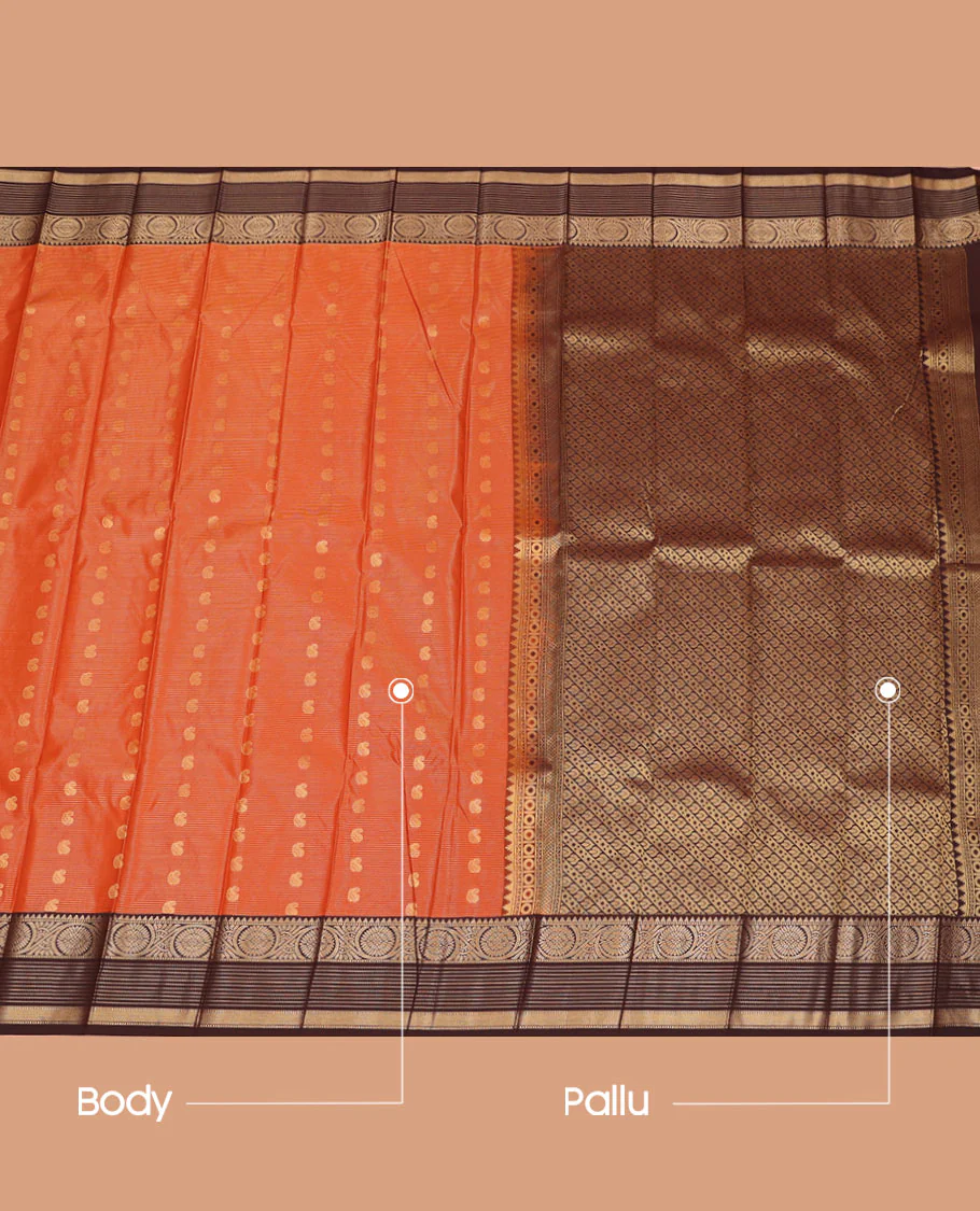 Orange Budget Silk Saree Accentuated with Zari Stripes and Paisley Buttas, Featuring a Contrast Traditional Zari Border with Floral Creeper Designs, Enriched with an Intricately Designed Pallu, and Paired with a Contrast Zari-Bordered Blouse - Image 3