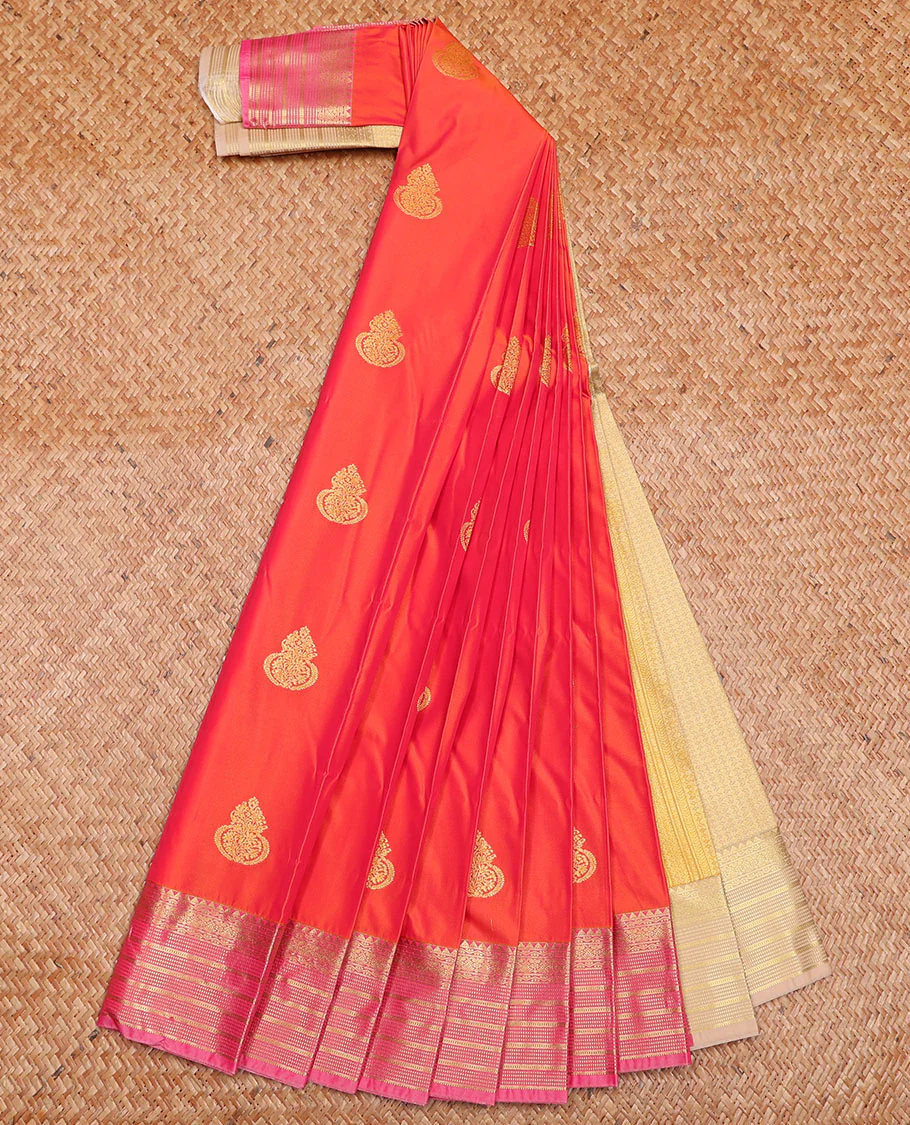 Orange Budget Silk Saree Elegantly Highlighted with Floral Buttas, Complemented by a Captivating Contrast Traditional Zari-Design Border, Featuring a Subtle Pallu, and Paired with a Contrast Blouse - Image 2