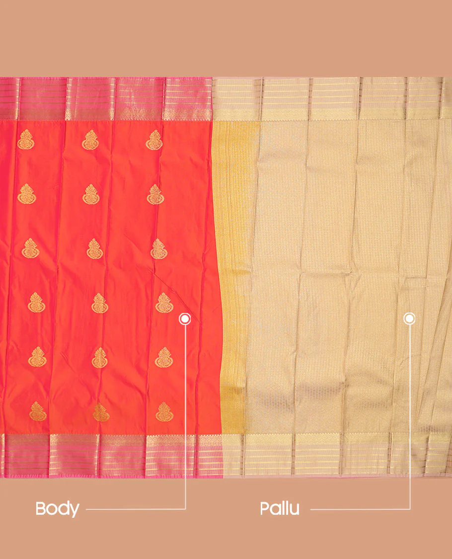 Orange Budget Silk Saree Elegantly Highlighted with Floral Buttas, Complemented by a Captivating Contrast Traditional Zari-Design Border, Featuring a Subtle Pallu, and Paired with a Contrast Blouse - Image 3