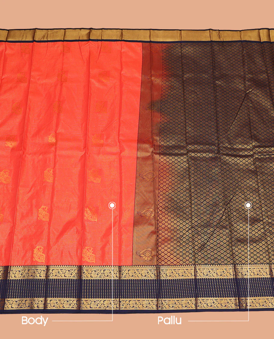 Orange Budget Silk Saree Woven with Zari Buttas and Zari Micro-Checks, Complemented with a Contrast Traditional Zari Design Border, Zari -Rich Jaal Pallu, and Paired with a Contrast Blouse - Image 2