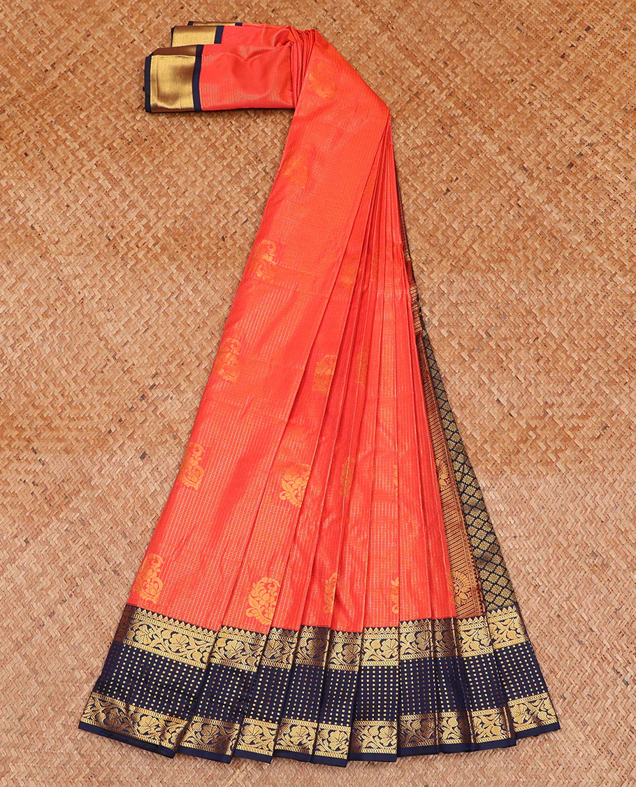 Orange Budget Silk Saree Woven with Zari Buttas and Zari Micro-Checks, Complemented with a Contrast Traditional Zari Design Border, Zari -Rich Jaal Pallu, and Paired with a Contrast Blouse - Image 3