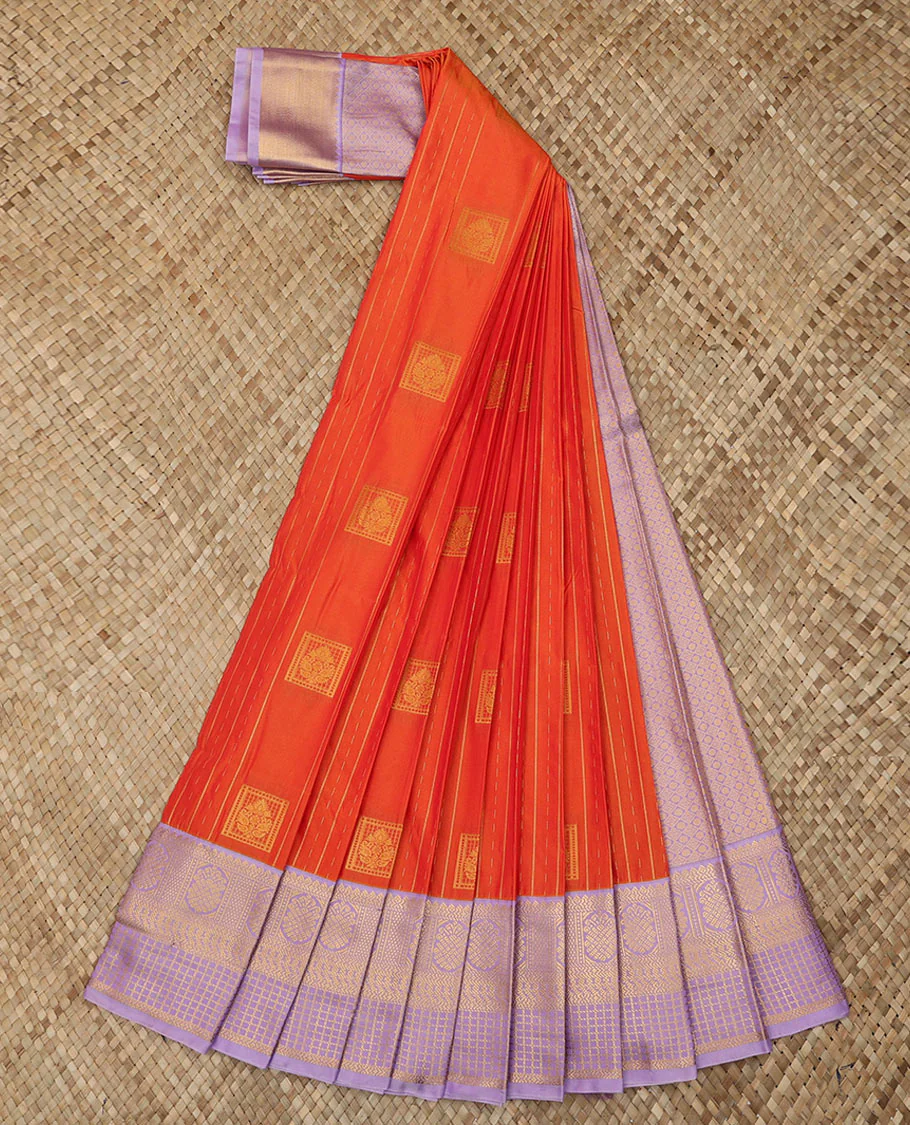 Orange Budget Silk Saree Woven with Zari Stripes and Buttas, Complemented with a Contrast Traditional Zari Design Border, Zari Elevated Jaal Pallu, and Paired with a Contrast Blouse - Image 2