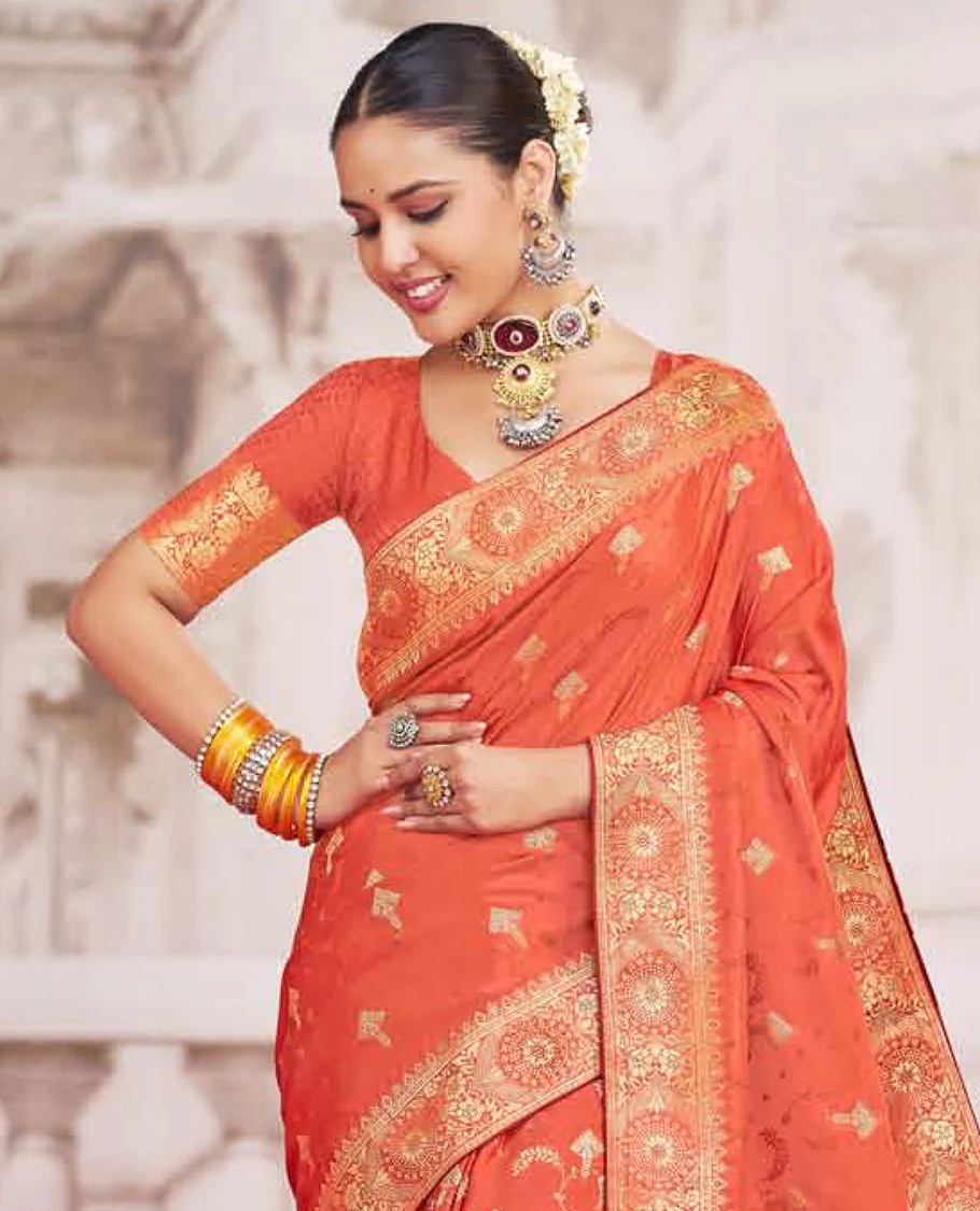 Orange buttas designer catalog saree, chakram design border, and pallu of ogee designs - Image 2