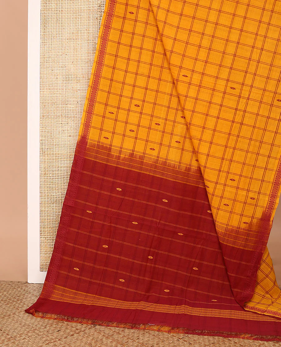 Orange buttas enclosed checked Andhra cotton saree, thread woven border, and pallu of stripes and buttas - Image 2