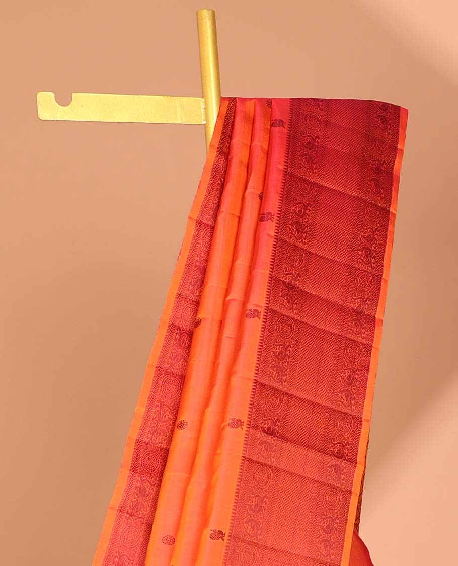 Orange buttas kancheepuram silk saree with contrast border of rekku, kathir,poo chakram, mayil, ara maadam design & zari design pallu - Image 3