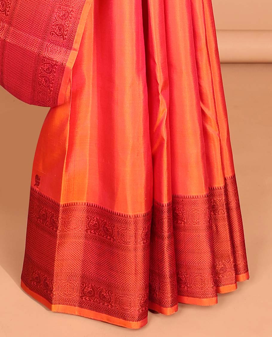 Orange buttas kancheepuram silk saree with contrast border of rekku, kathir,poo chakram, mayil, ara maadam design & zari design pallu - Image 4