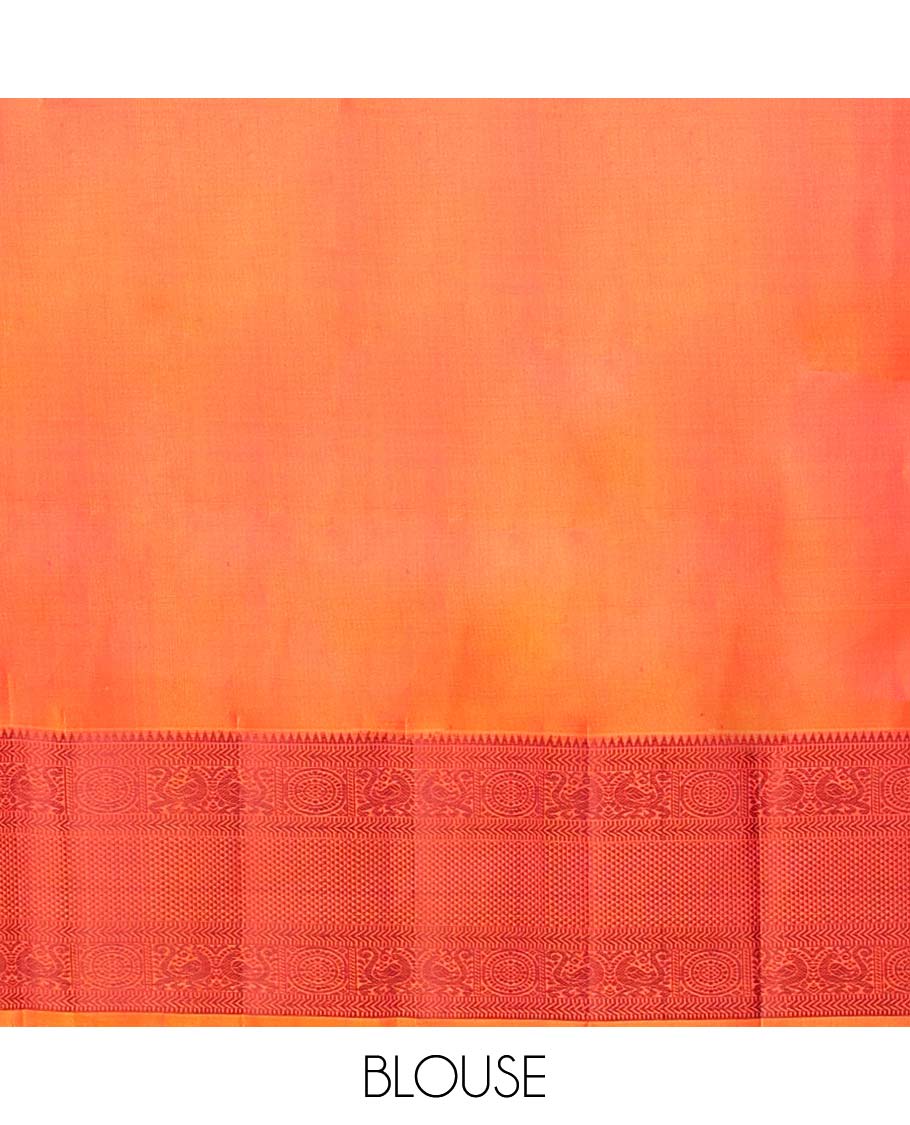 Orange buttas kancheepuram silk saree with contrast border of rekku, kathir,poo chakram, mayil, ara maadam design & zari design pallu - Image 5