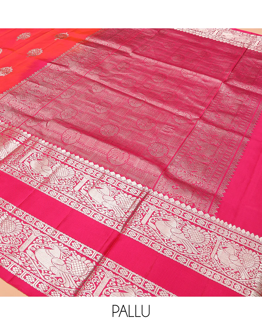 Orange buttas Venkatagiri silk saree, contrast traditional zari design rettai pettu border, and intricate pallu - Image 5
