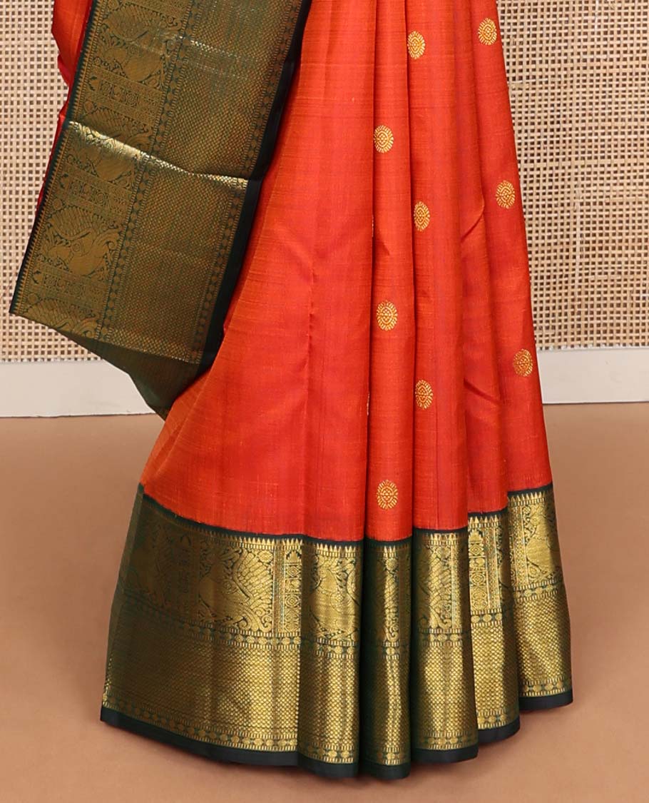 Orange chakram buttas Kanchipuram korvai silk saree, contrast neer korvai border of rekku, muthu, mayil, chakram, poun, and kuyil kann designs, and jaal pallu - Image 5