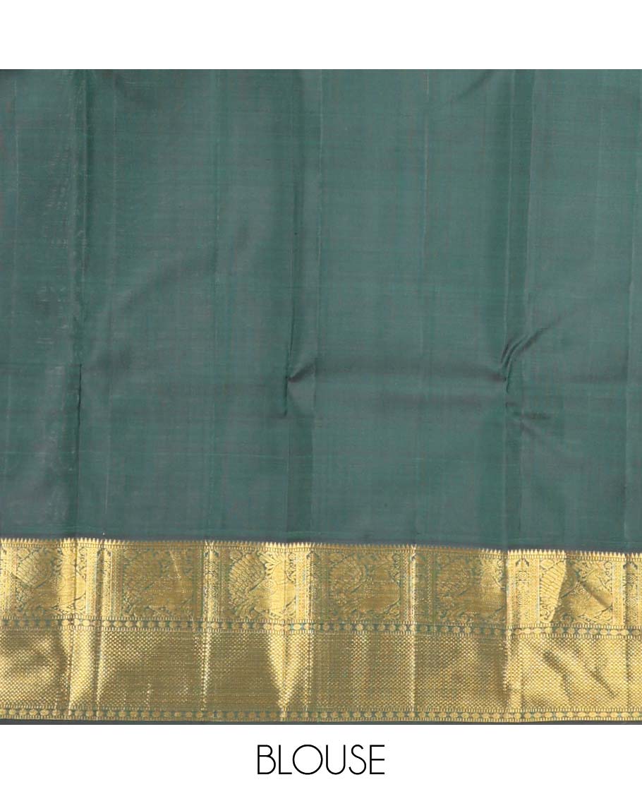 Orange chakram buttas Kanchipuram korvai silk saree, contrast neer korvai border of rekku, muthu, mayil, chakram, poun, and kuyil kann designs, and jaal pallu - Image 6