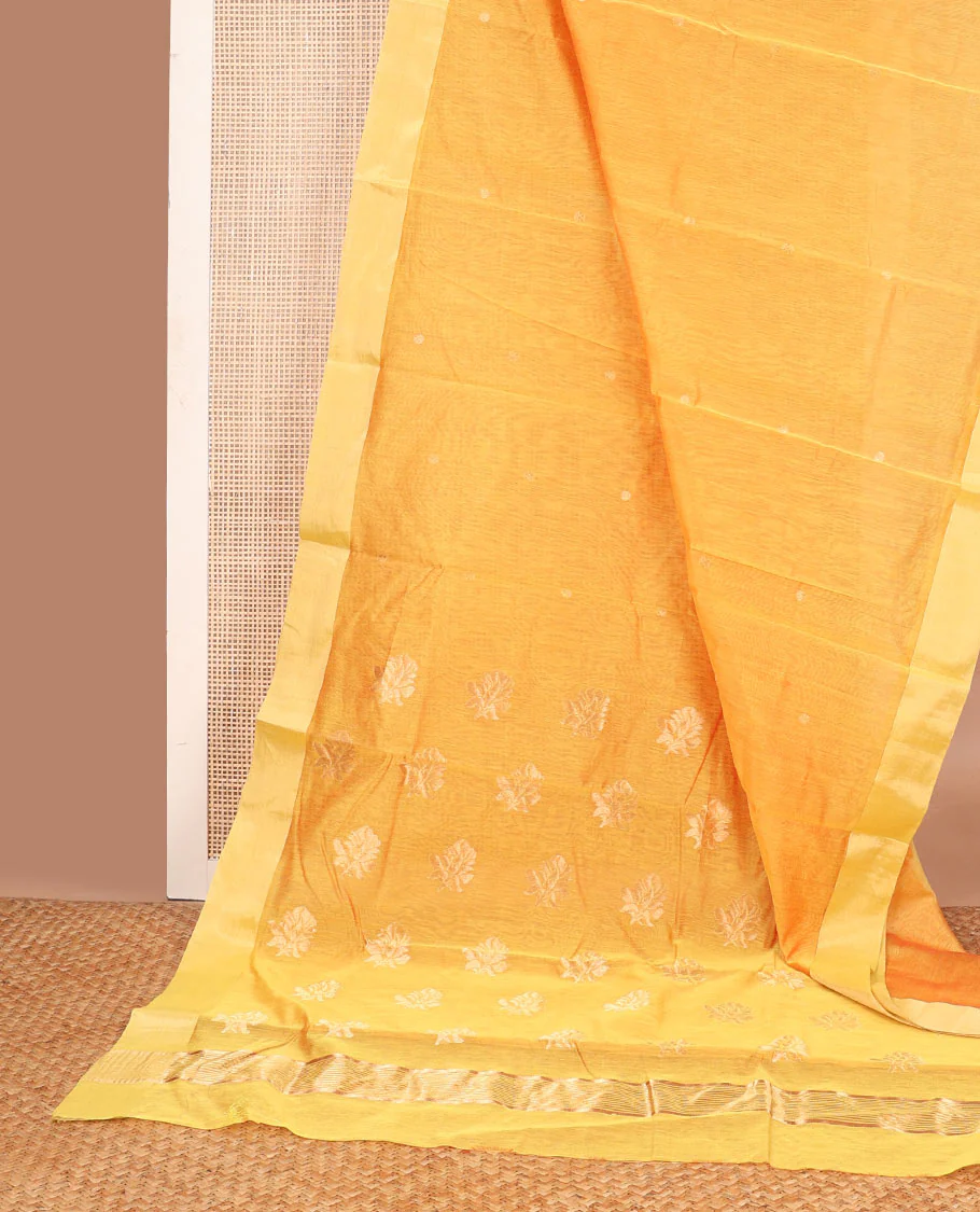 Orange chanderi cotton saree with contrast zari border & floral design pallu - Image 2