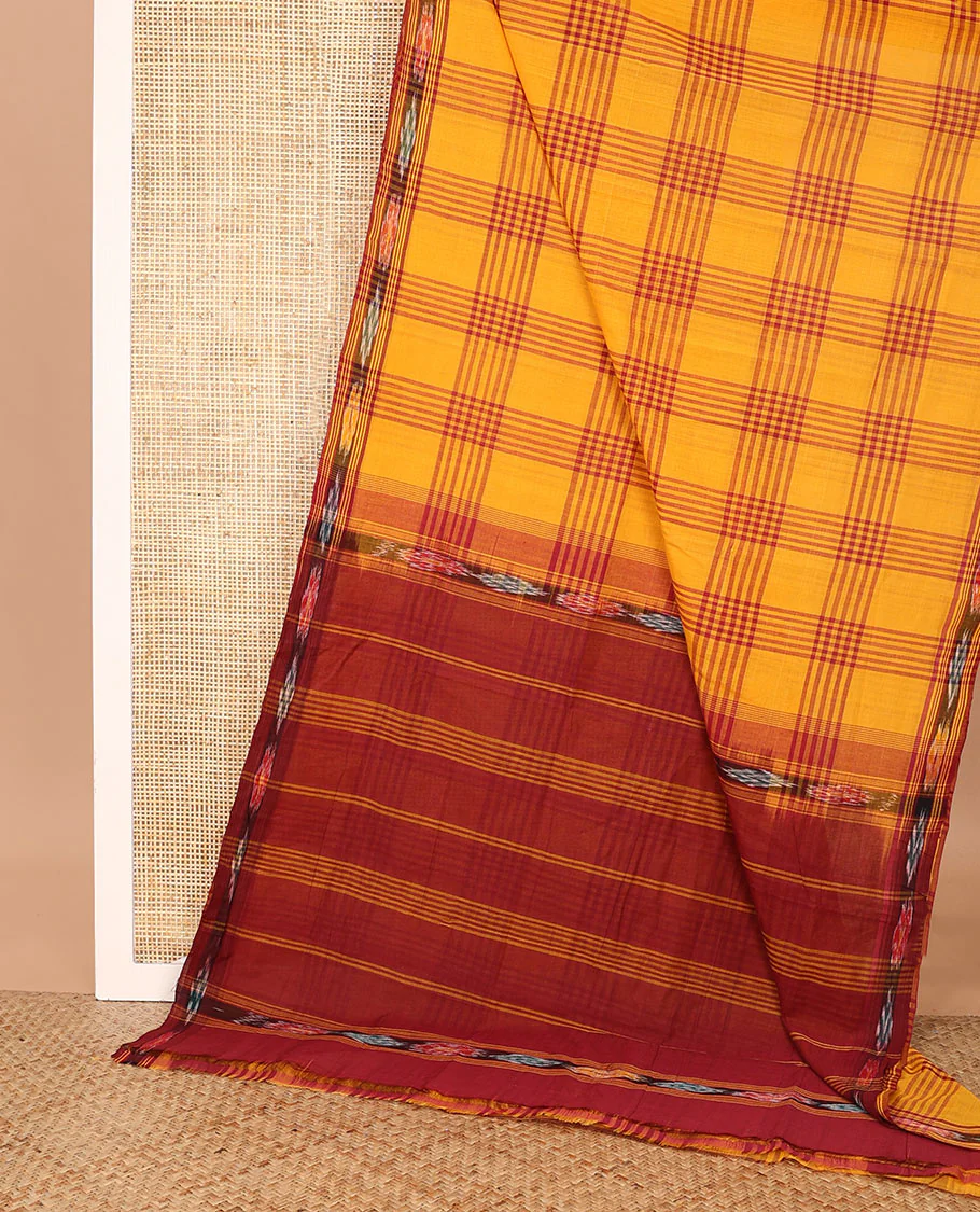 Orange checked Andhra cotton saree, ikkat border, and contrast pallu of stripes - Image 2