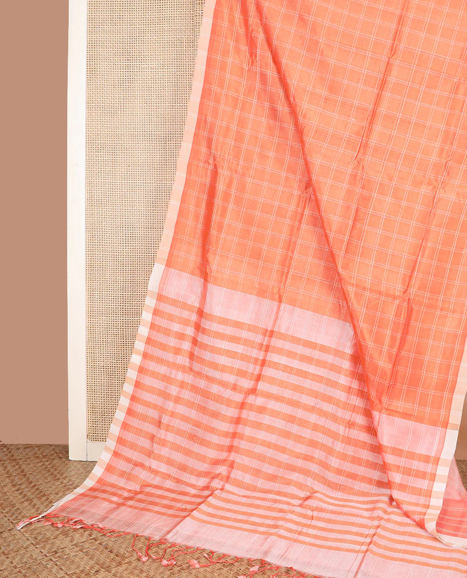 Orange checked cotton saree, contrast plain border, and striped pallu - Image 2