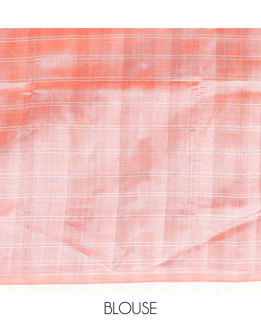 Orange checked cotton saree, contrast plain border, and striped pallu - Image 3