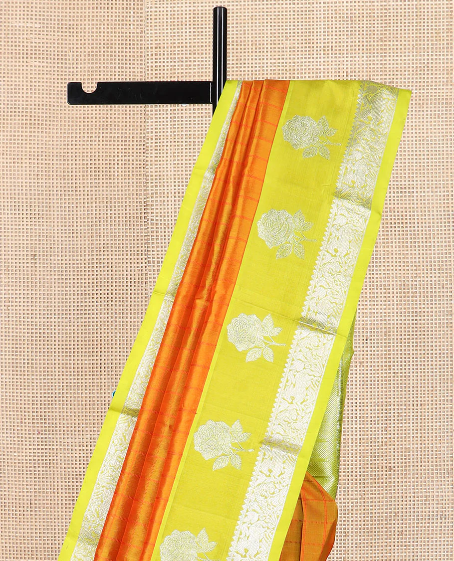Orange checked Kanchipuram silk saree, contrast border of rose floral, rekku, banaras, and kuthirai designs, and intricate pallu - Image 2