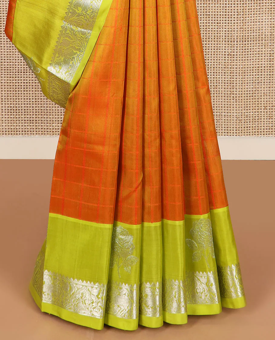 Orange checked Kanchipuram silk saree, contrast border of rose floral, rekku, banaras, and kuthirai designs, and intricate pallu - Image 3