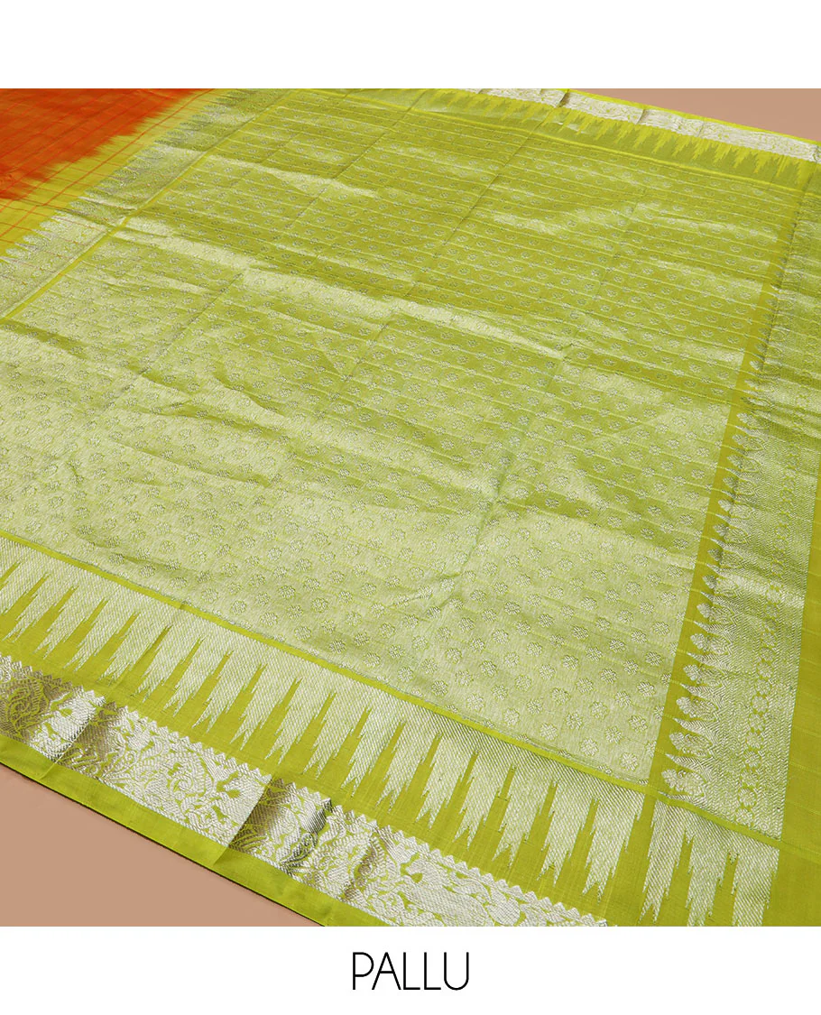 Orange checked Kanchipuram silk saree, contrast border of rose floral, rekku, banaras, and kuthirai designs, and intricate pallu - Image 4