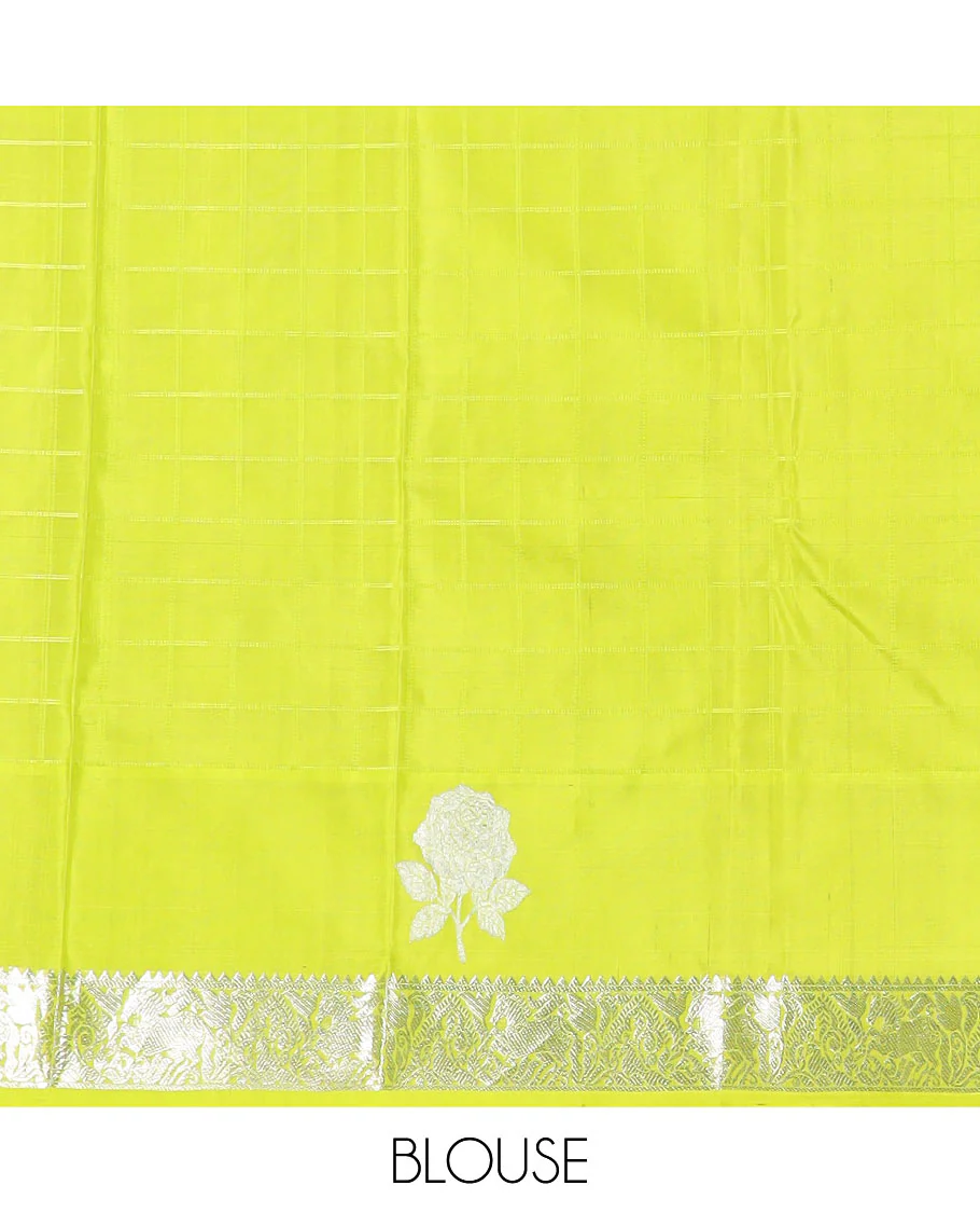 Orange checked Kanchipuram silk saree, contrast border of rose floral, rekku, banaras, and kuthirai designs, and intricate pallu - Image 5