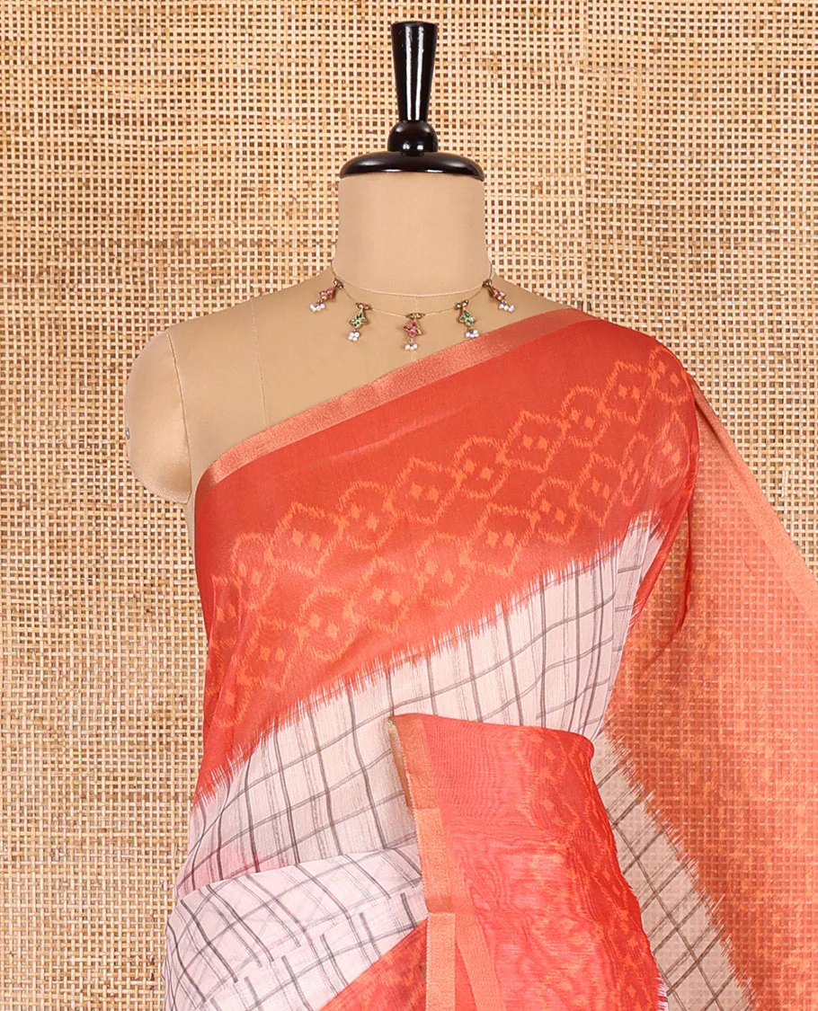Orange checked linen cotton saree, contrast pochampally style geometric printed border, pochampally printed pallu, and a diamond patterns printed blouse - Image 2