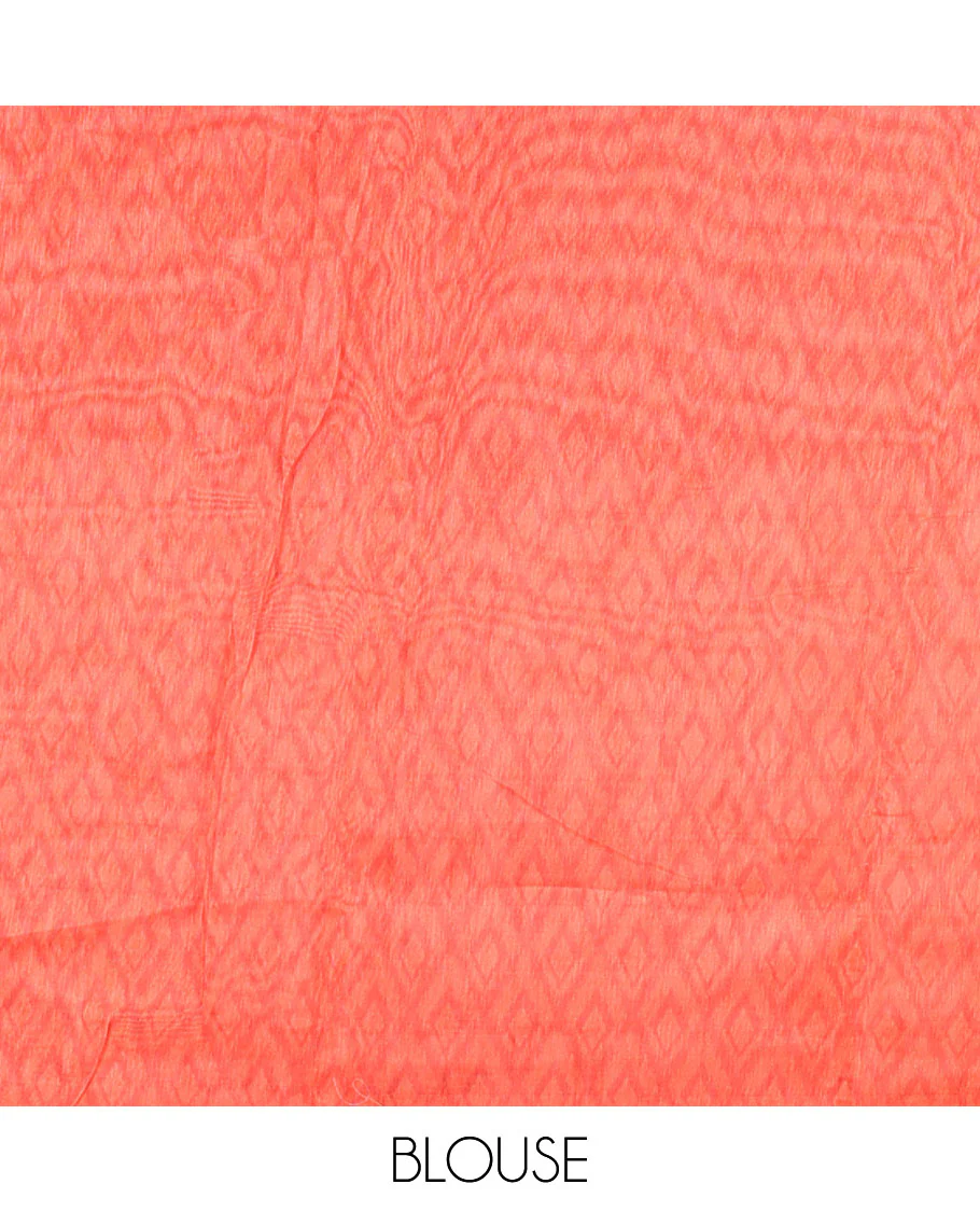 Orange checked linen cotton saree, contrast pochampally style geometric printed border, pochampally printed pallu, and a diamond patterns printed blouse - Image 3