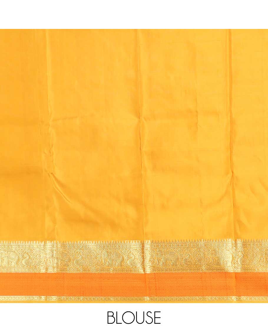 Orange checked with kuthirai and iruthalai pakshi buttas Kanchipuram silk saree, zari border of rekku, paisa, yaanai, mayil, and mayil kann, and paiyadi kattam pallu - Image 6