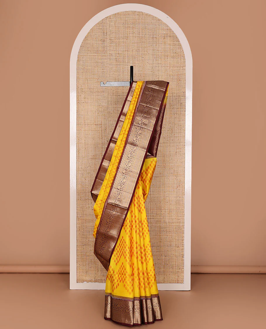 Orange chevron ikkat design pure ikkat saree, contrast traditional zari design border & pallu of intricate zari designs - Image 2