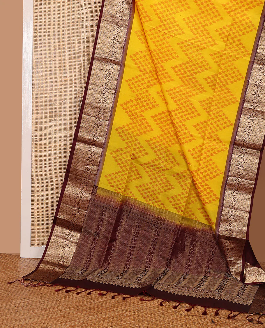 Orange chevron ikkat design pure ikkat saree, contrast traditional zari design border & pallu of intricate zari designs - Image 3