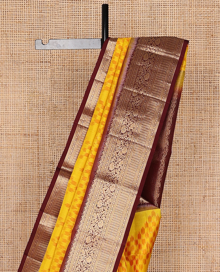 Orange chevron ikkat design pure ikkat saree, contrast traditional zari design border & pallu of intricate zari designs - Image 4