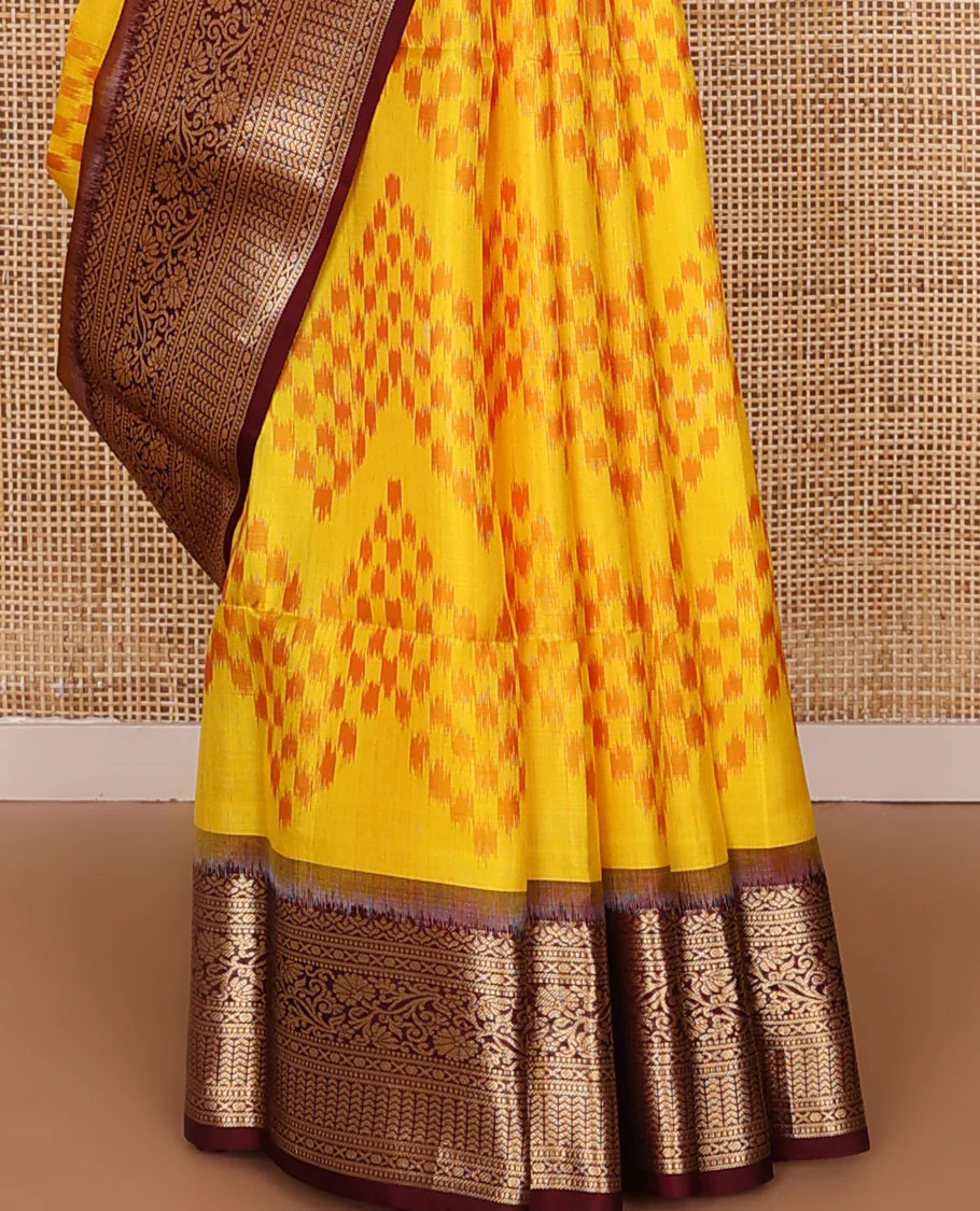 Orange chevron ikkat design pure ikkat saree, contrast traditional zari design border & pallu of intricate zari designs - Image 5