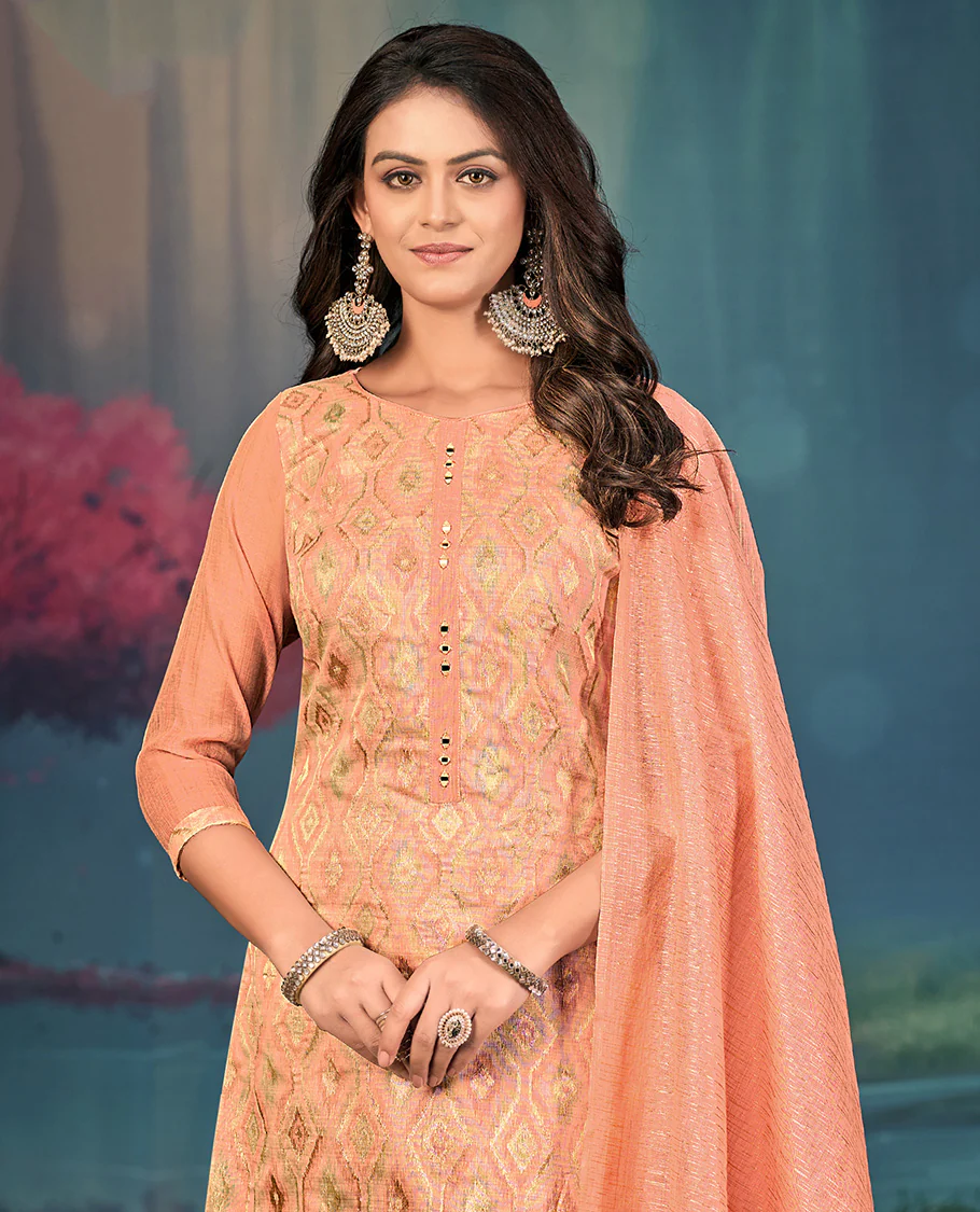 Orange churidar material set, diamond patterned and mirror embroidered top, plain bottom, and geometric patterned dupatta - Image 2