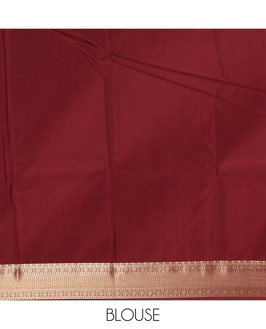 Orange deer motifs zari woven kanchi soft silk saree, contrast traditional zari design rettai pettu border, pallu of Mughal-style floral designs, and contrast plain blouse - Image 3