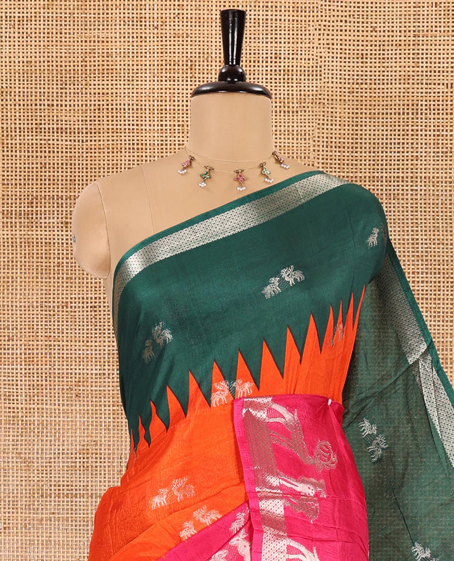 Orange deer zari motifs dola silk saree, contrast green-pink ganga jamuna deer motifs zari woven border, paisley-diamond printed pallu, and a contrast deer motifs blouse - Image 2