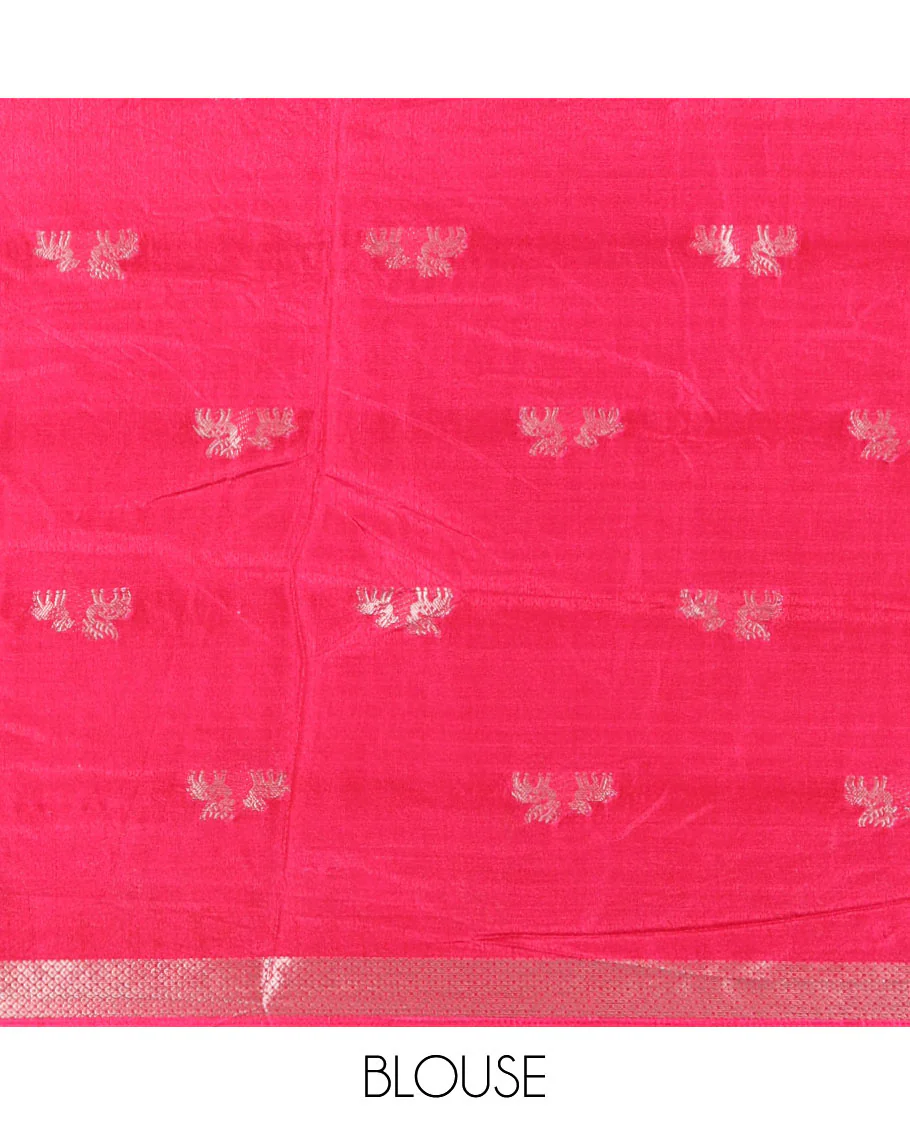 Orange deer zari motifs dola silk saree, contrast green-pink ganga jamuna deer motifs zari woven border, paisley-diamond printed pallu, and a contrast deer motifs blouse - Image 3