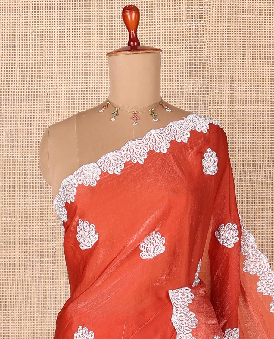Orange designer saree with silver embroidery thread, intricate motifs & scallop embroidery boder - Image 2