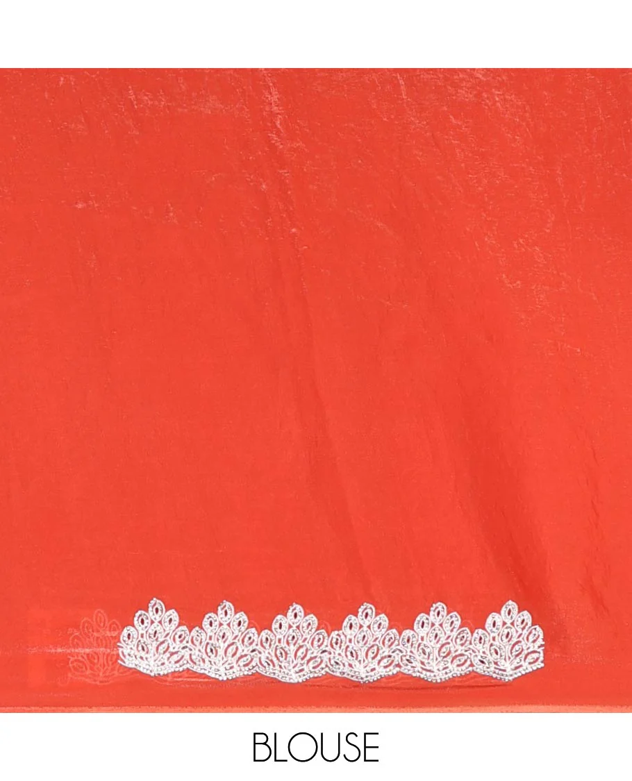 Orange designer saree with silver embroidery thread, intricate motifs & scallop embroidery boder - Image 3