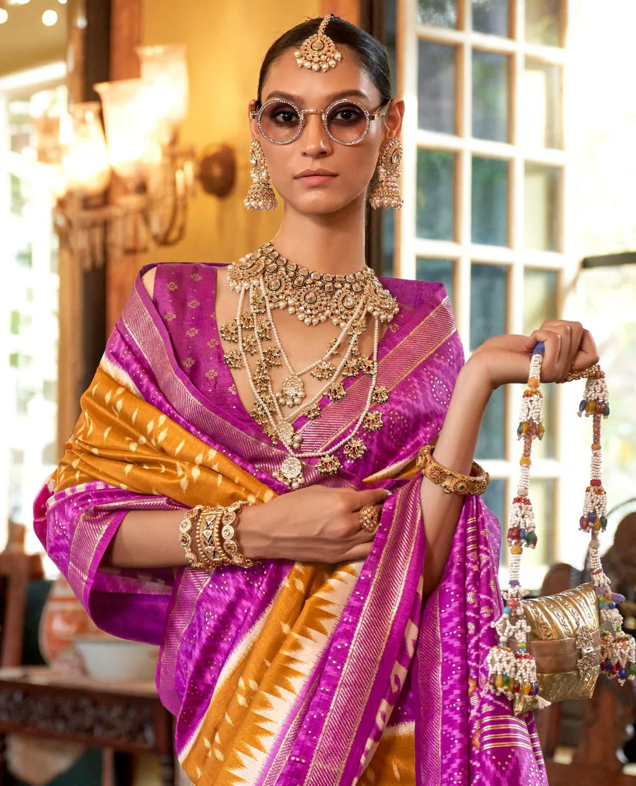 Orange diamond buttas patola designer catalog saree, contrast ikkat geometric and paisleys border and pallu of ikkat jaal design - Image 2