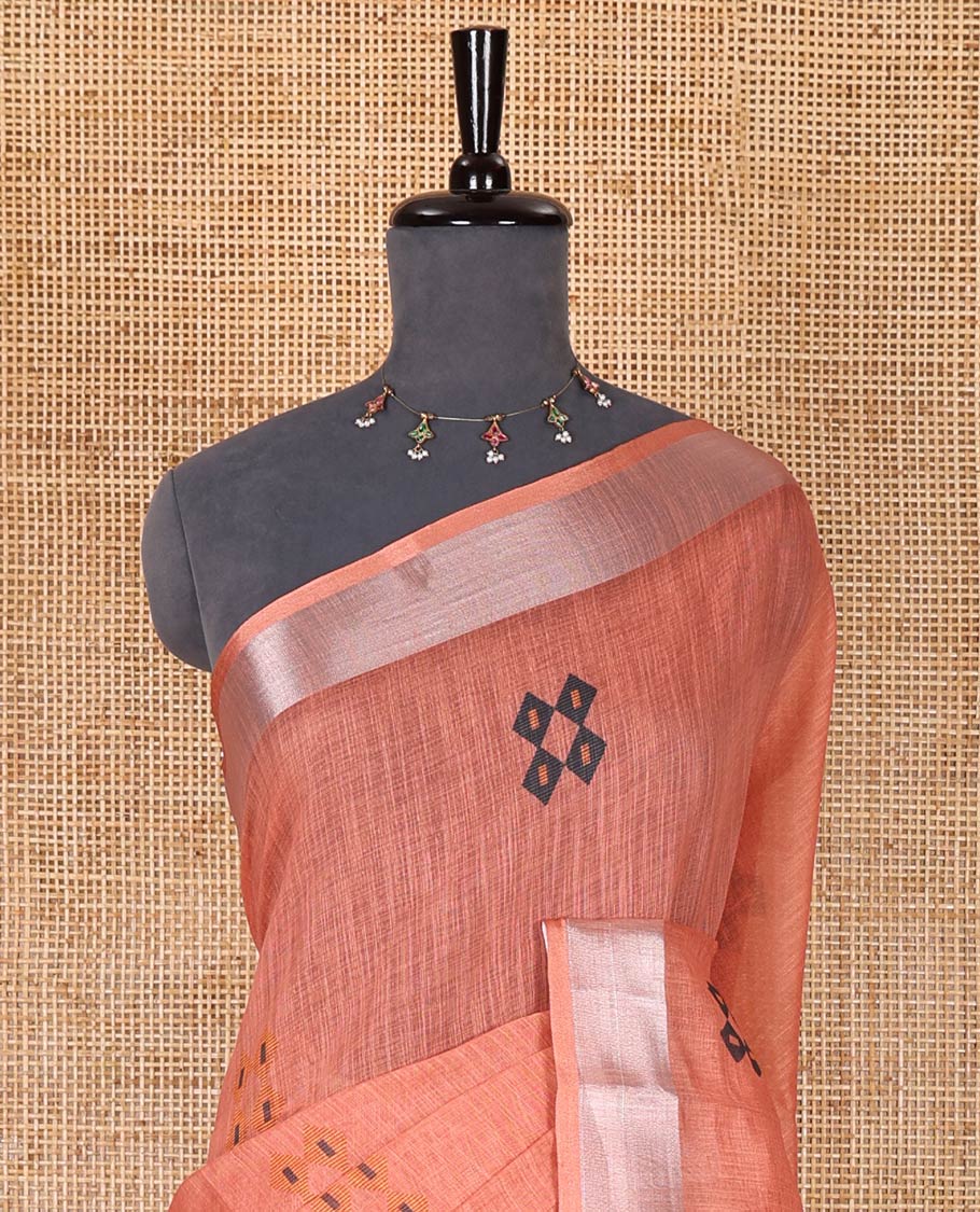 Orange diamond buttas printed linen cotton saree, bavanji border, doll printed pallu, and a matching blouse - Image 3