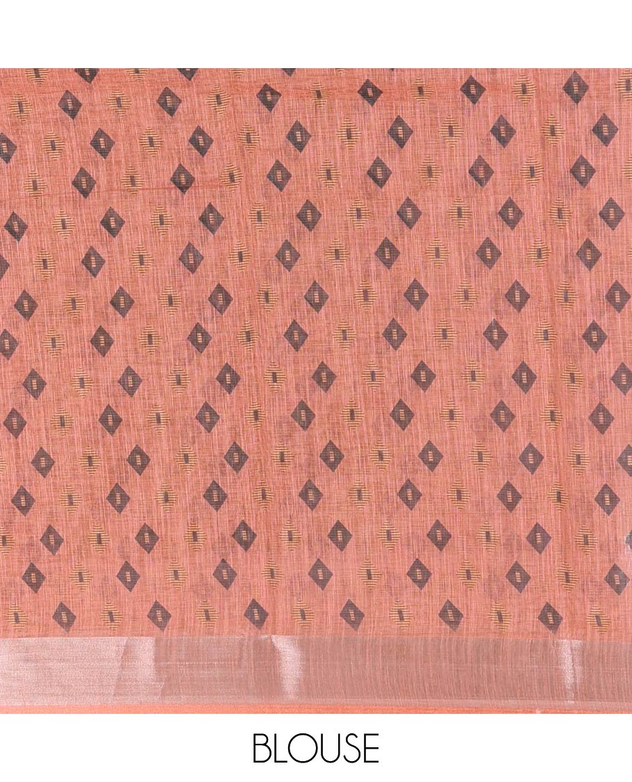 Orange diamond buttas printed linen cotton saree, bavanji border, doll printed pallu, and a matching blouse - Image 4