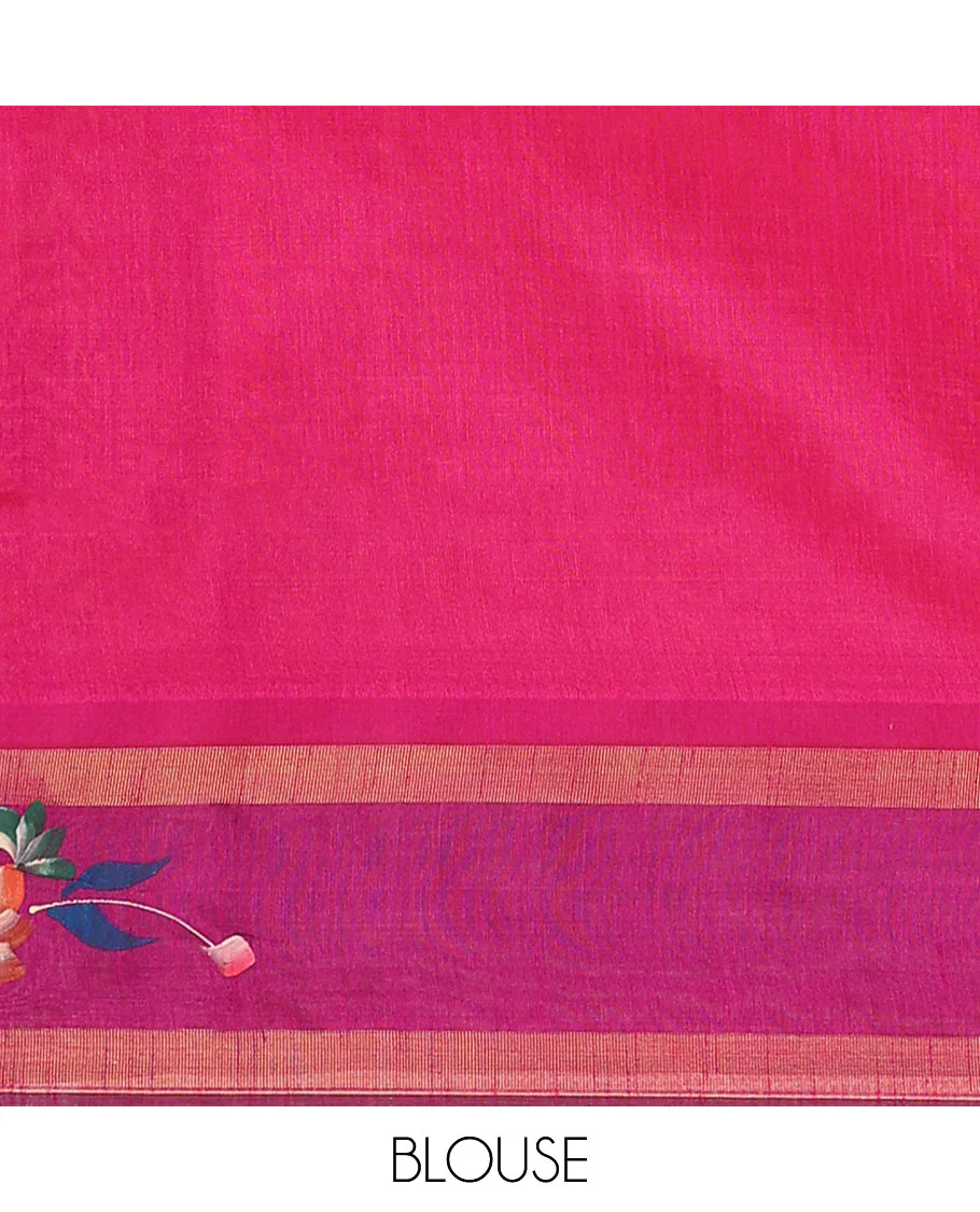 Orange dobbly-style buttas dupion saree, contrast painting-style floral creeper design border, and buttas pallu - Image 3