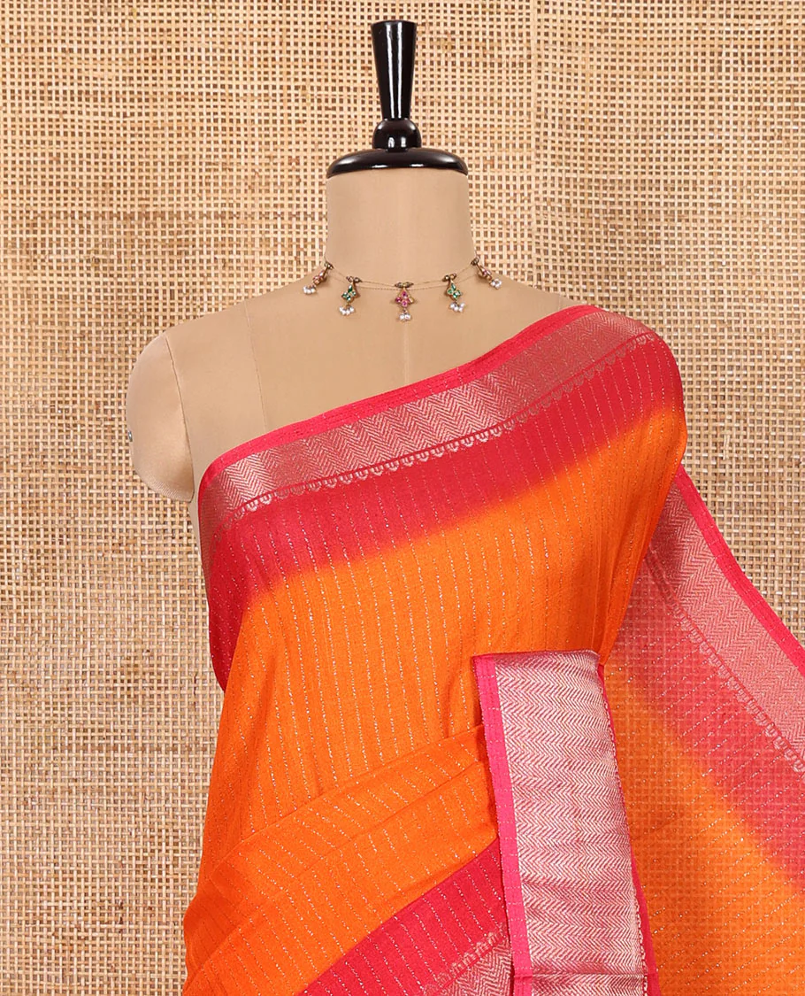 Orange Dola Silk Saree Sparsely Sparked with Vertical Golden Stripes Running All Over Its Body, Complemented by a Contrast Traditional Zari Design Woven Border, Subtly Striped Pallu, and a Contrast Buttas Woven Blouse - Image 2
