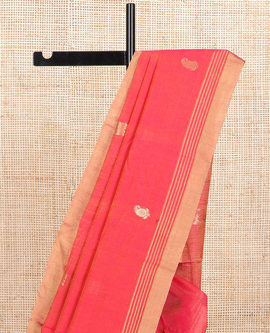 Orange floral, animal motifs chanderi cotton saree with self zari border & geometric design pallu - Image 3