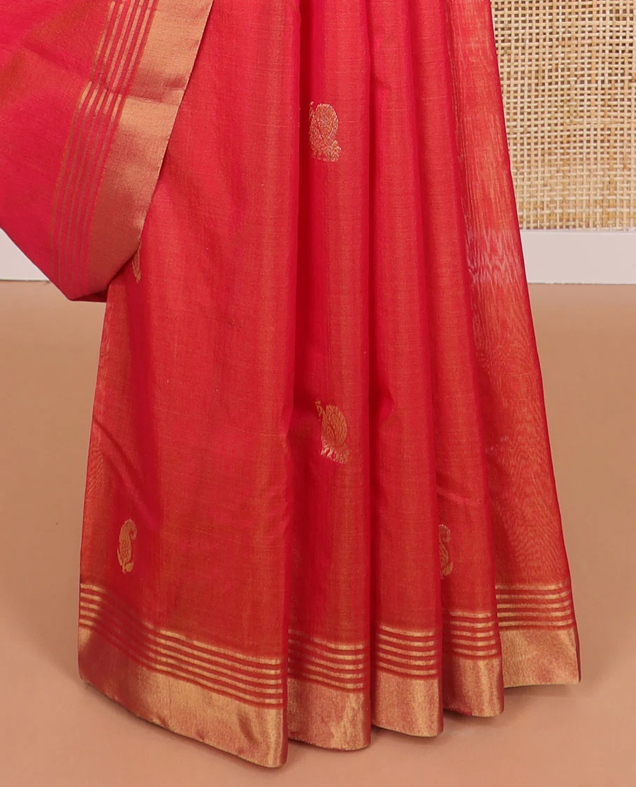 Orange floral, animal motifs chanderi cotton saree with self zari border & geometric design pallu - Image 4