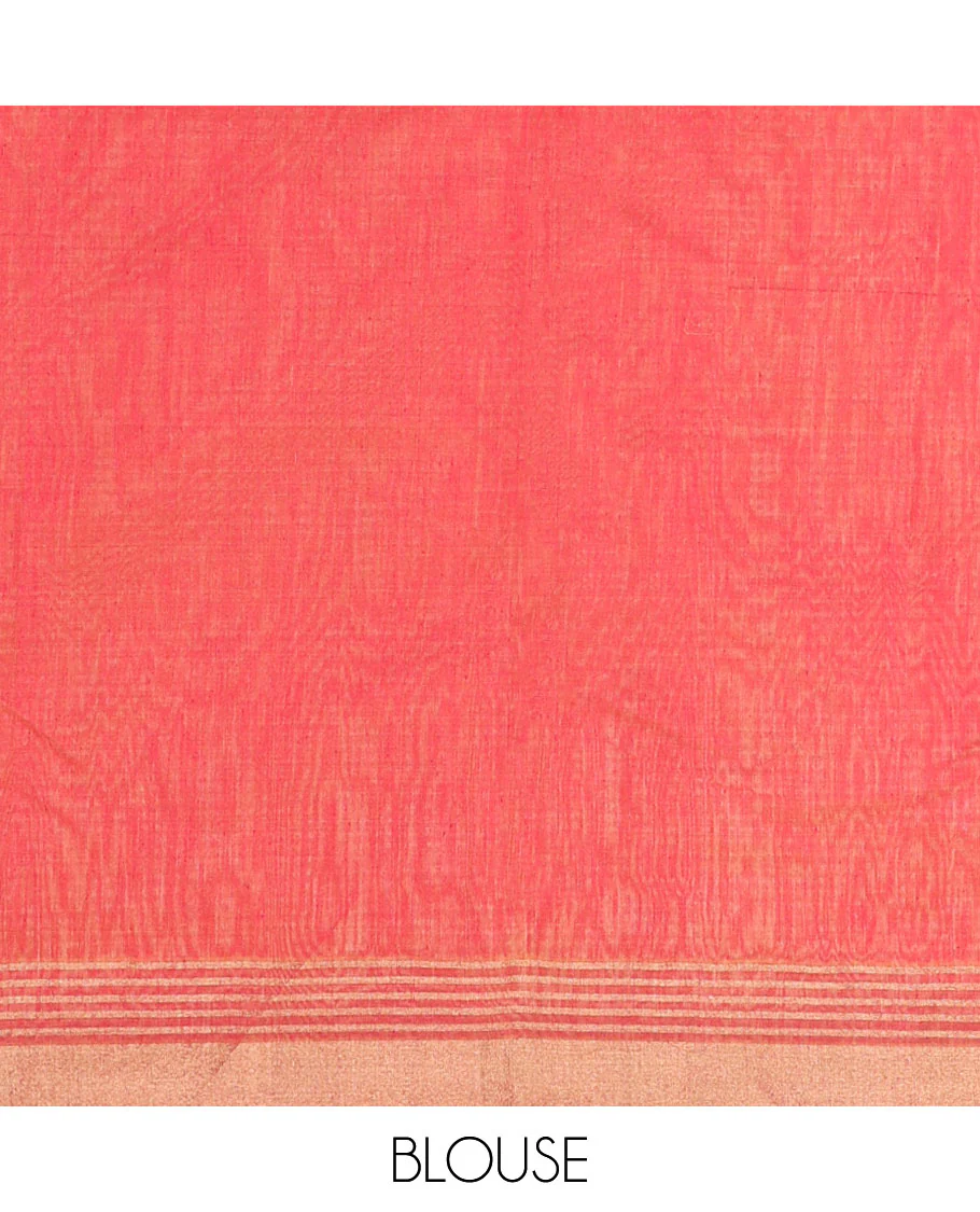 Orange floral, animal motifs chanderi cotton saree with self zari border & geometric design pallu - Image 5