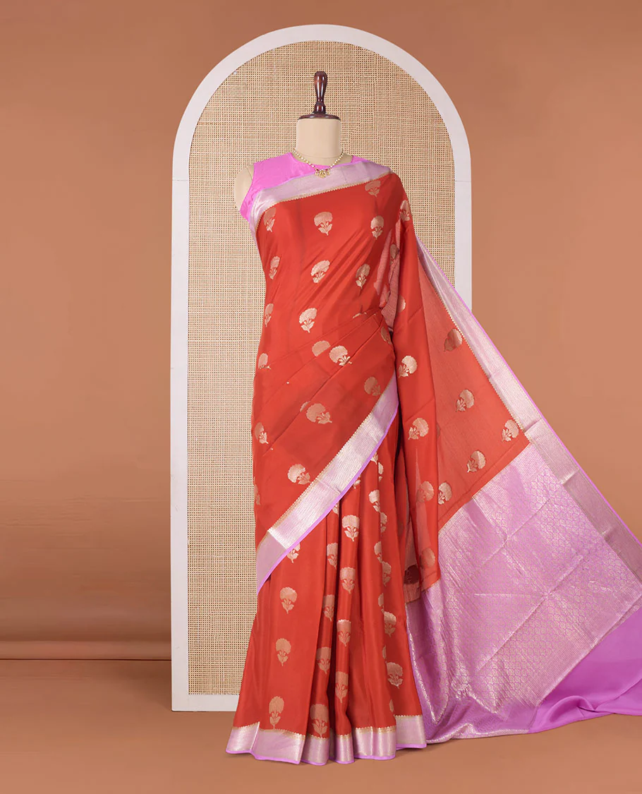 Orange floral buttas Mysore silk saree, contrast traditional zari border, and pallu of jaal design - Image 2