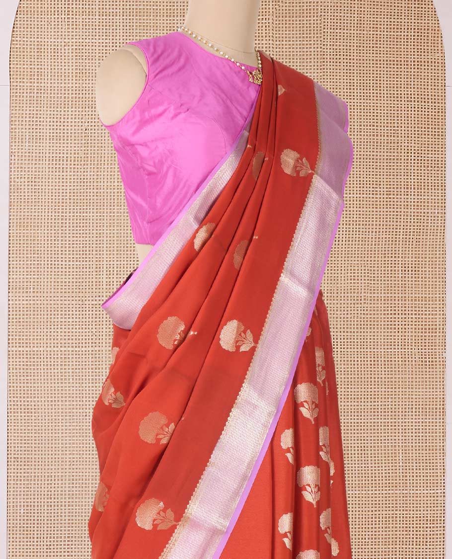 Orange floral buttas Mysore silk saree, contrast traditional zari border, and pallu of jaal design - Image 3