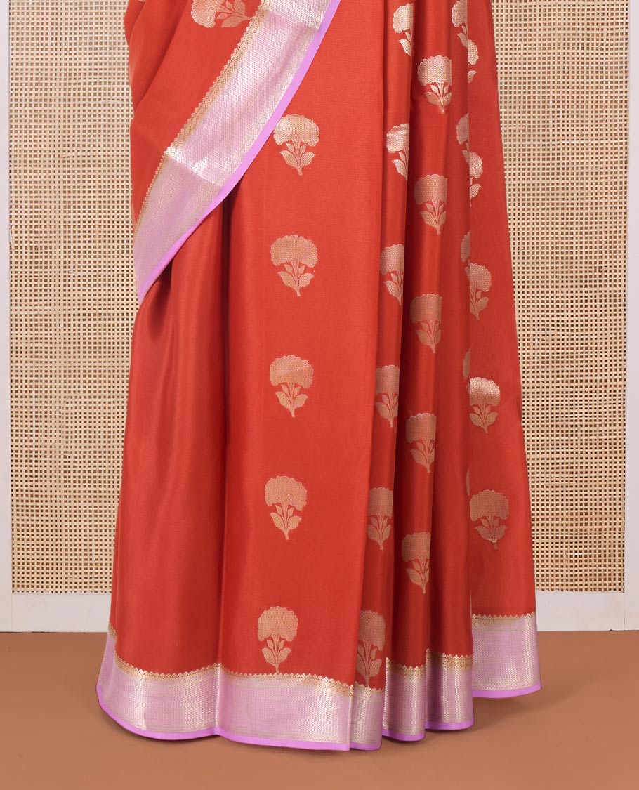 Orange floral buttas Mysore silk saree, contrast traditional zari border, and pallu of jaal design - Image 4