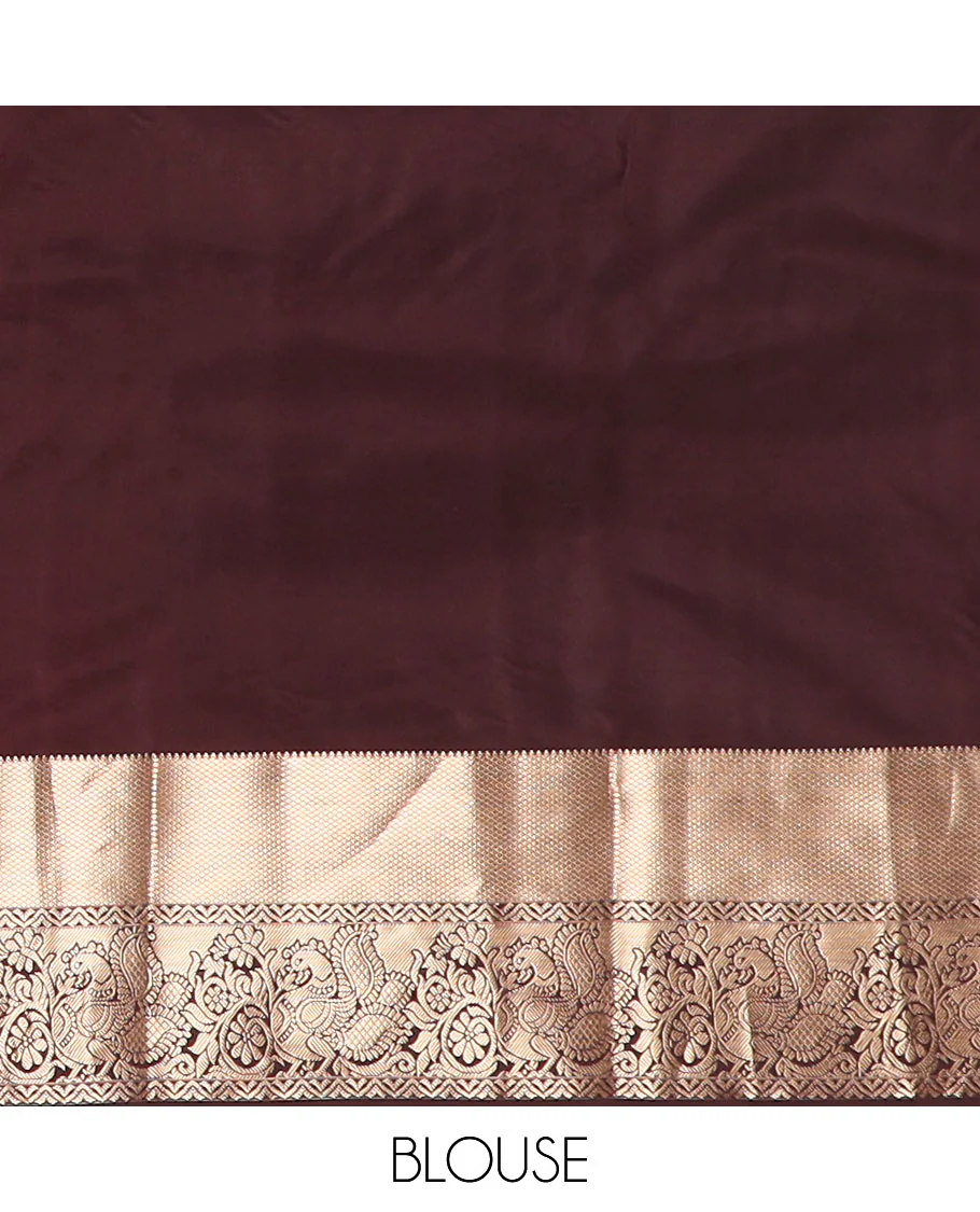 Orange floral buttas Vasundhara silk saree, contrast border of rekku, mayil kann, and mayil designs, and chevron striped pallu - Image 6