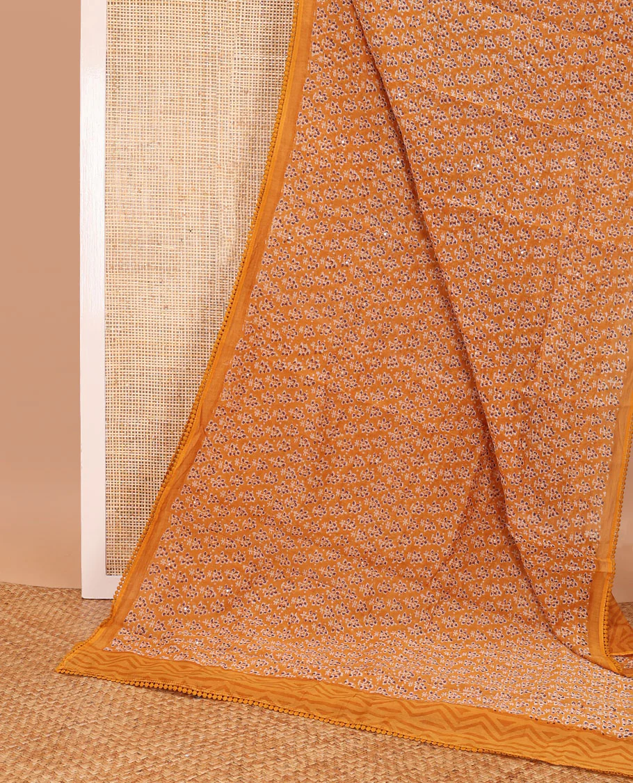 Orange floral design chanderi cotton saree with self plain border - Image 2