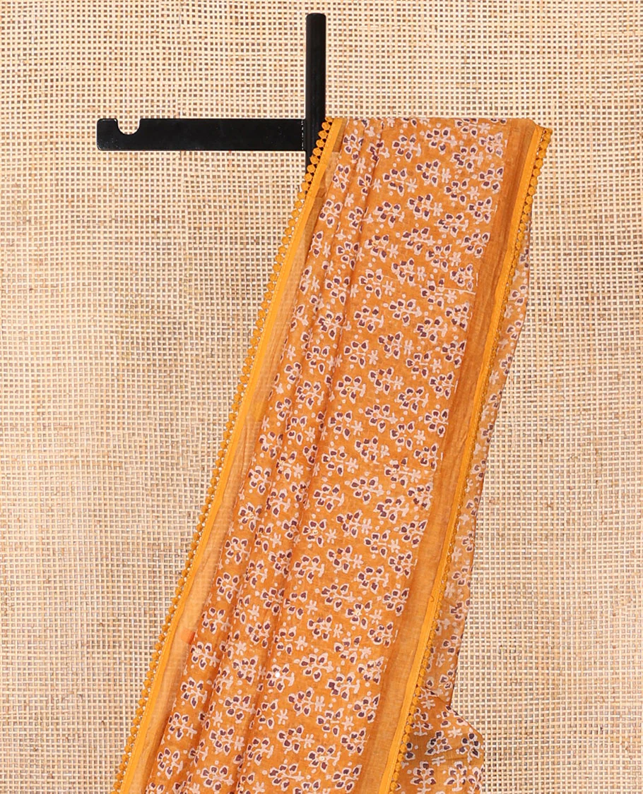 Orange floral design chanderi cotton saree with self plain border - Image 3